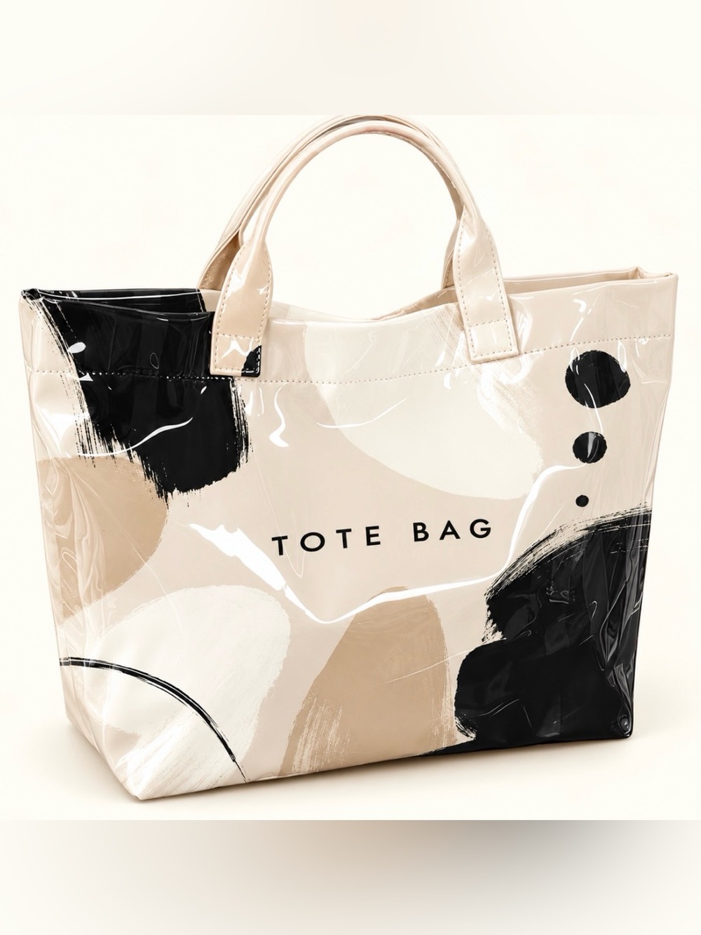 Beige Glossy Tote Bag with Abstract Black Accents